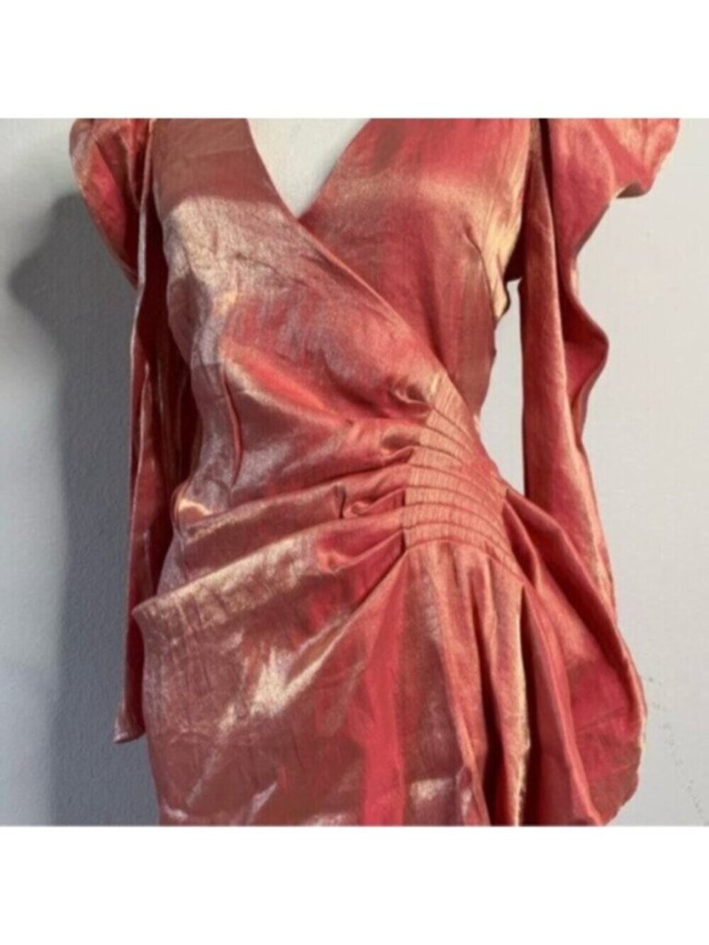 Elliatt Metallic Copper Gold Puff Shoulder Long Sleeve Wrap Mini Dress - Picture 10 of 15